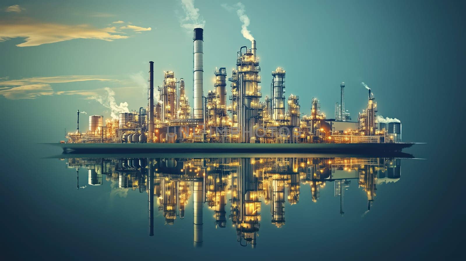 Industrial oil refinery with illuminated structures reflecting in water, showcasing energy production at night