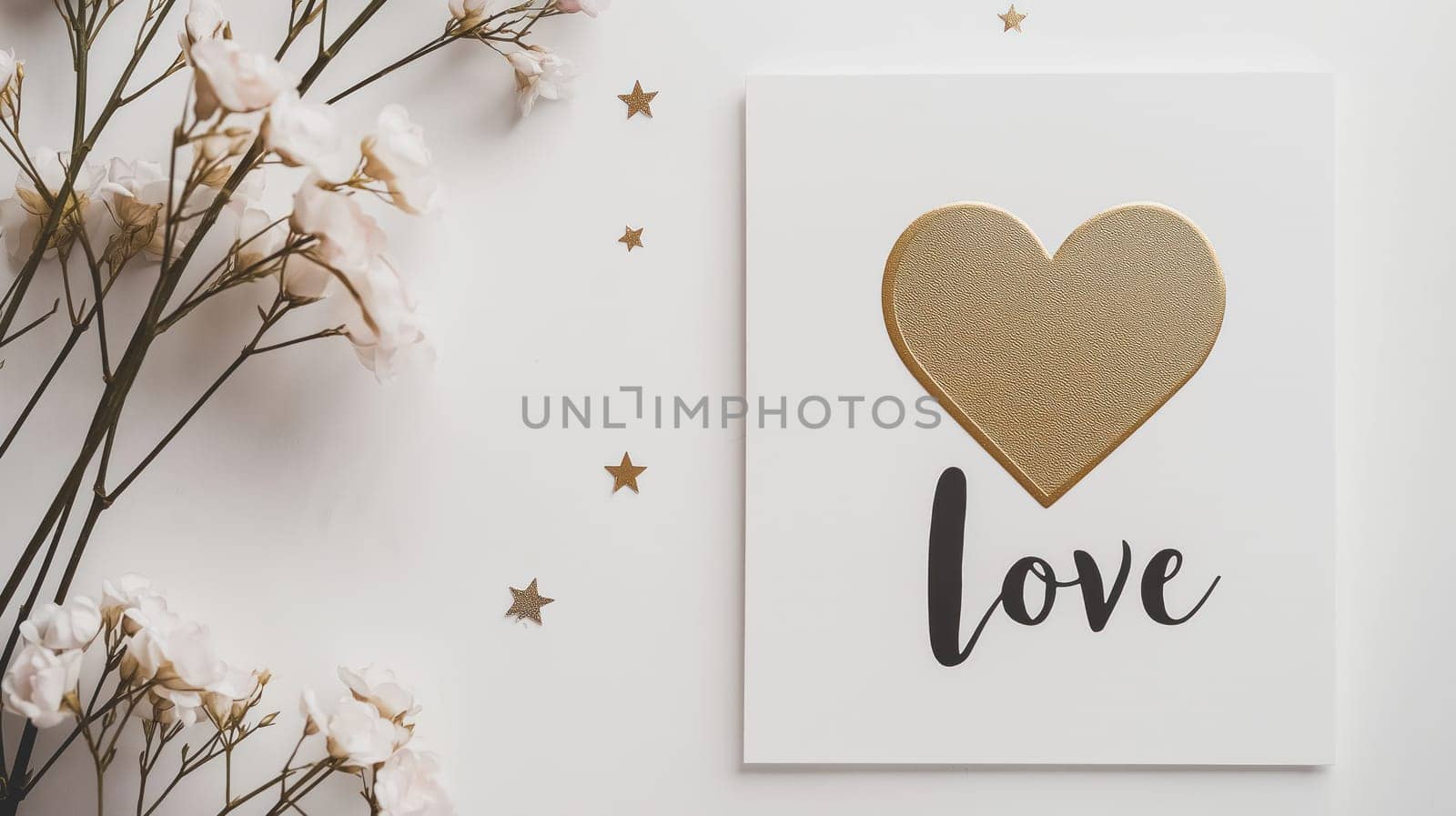 Elegant Valentine's Day card with a gold heart design and romantic flowers on a white background