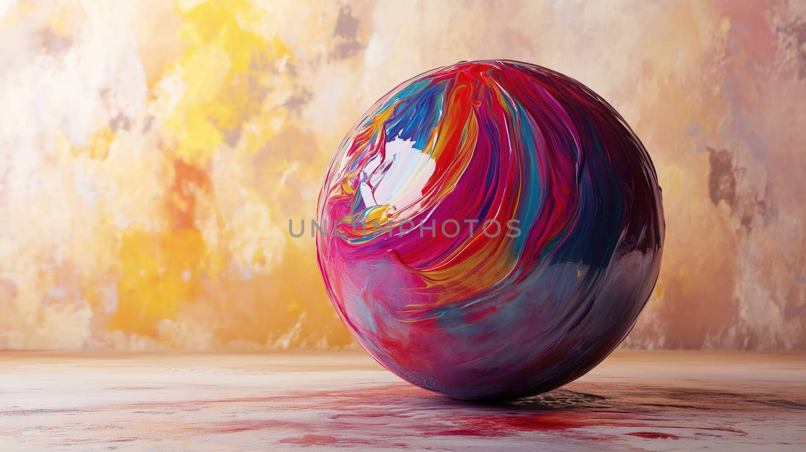 Colorful painted sphere with vibrant swirling textures on a light grunge background, artistic and abstract composition