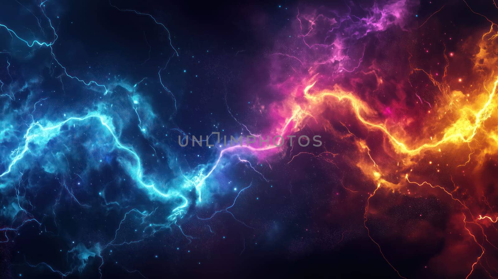 Abstract electric lightning effect in vibrant neon colors on dark cosmic background, symbolizing power and energy