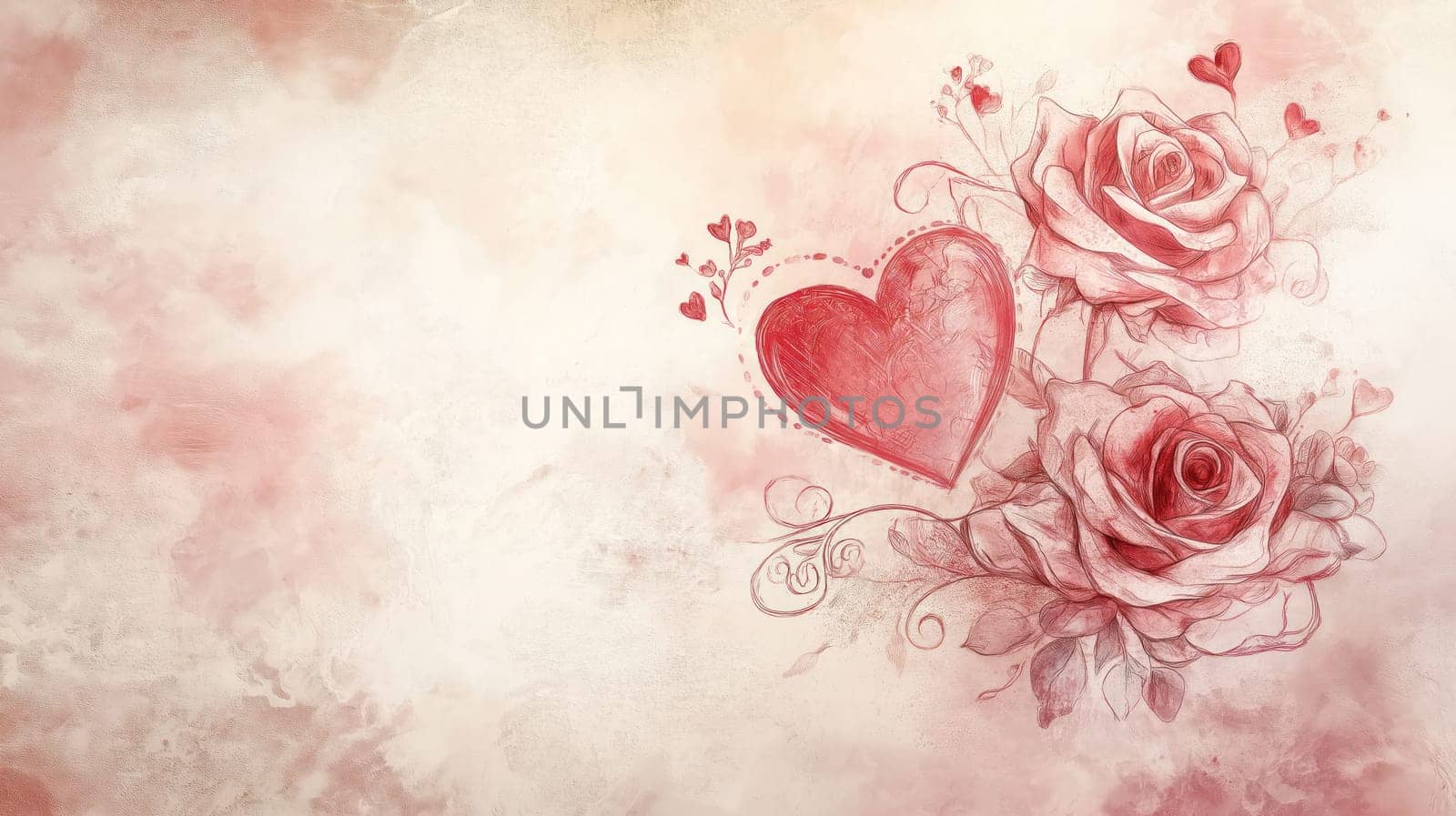 Romantic Valentines Day card with hand-drawn roses and heart on a pastel vintage background