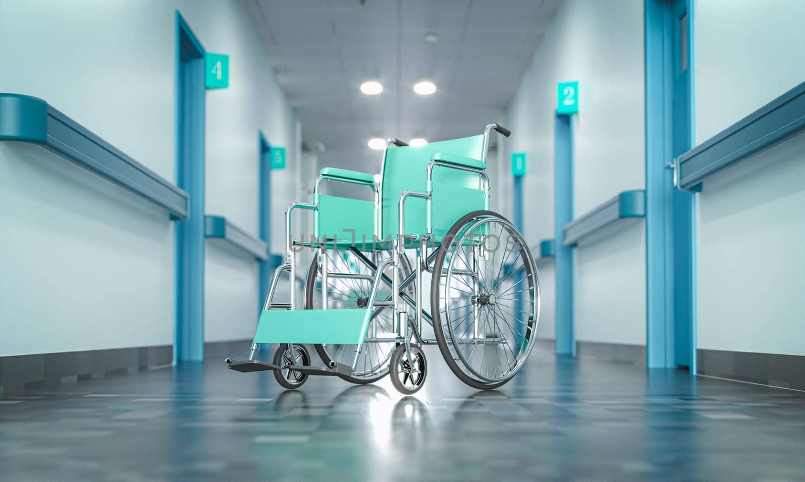 wheelchair stands brightly lit hospital corridor, care and recovery. 3d