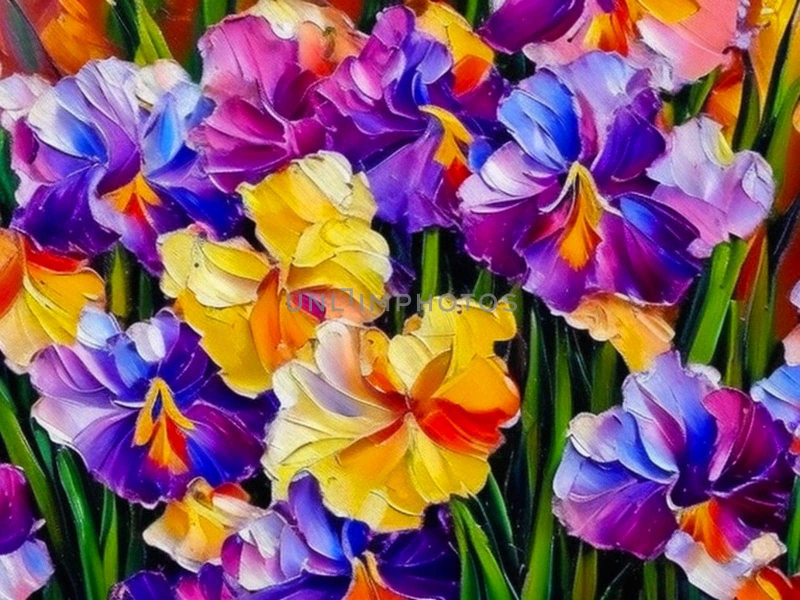 Oil flowers. Beautiful delicate feminine multi-colored spring or summer flowers close-up, generated by AI. Bouquet of flowers. Flowers in a flowerbed. Postcard, congratulations to a woman. Iris flower