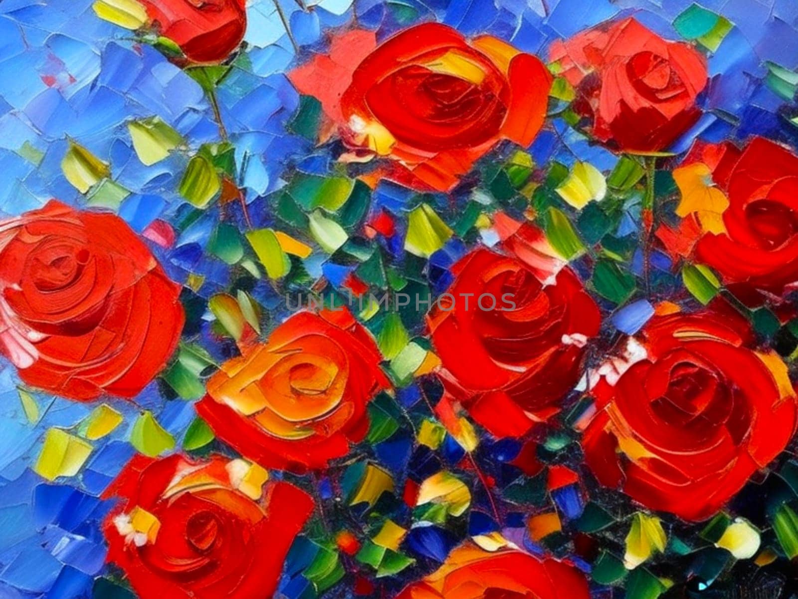 Oil flowers. Beautiful delicate feminine colored spring or summer flowers close-up, generated by AI. Bouquet of flowers. Flowers in a flowerbed. Postcard, congratulations to a woman. Peonies and roses