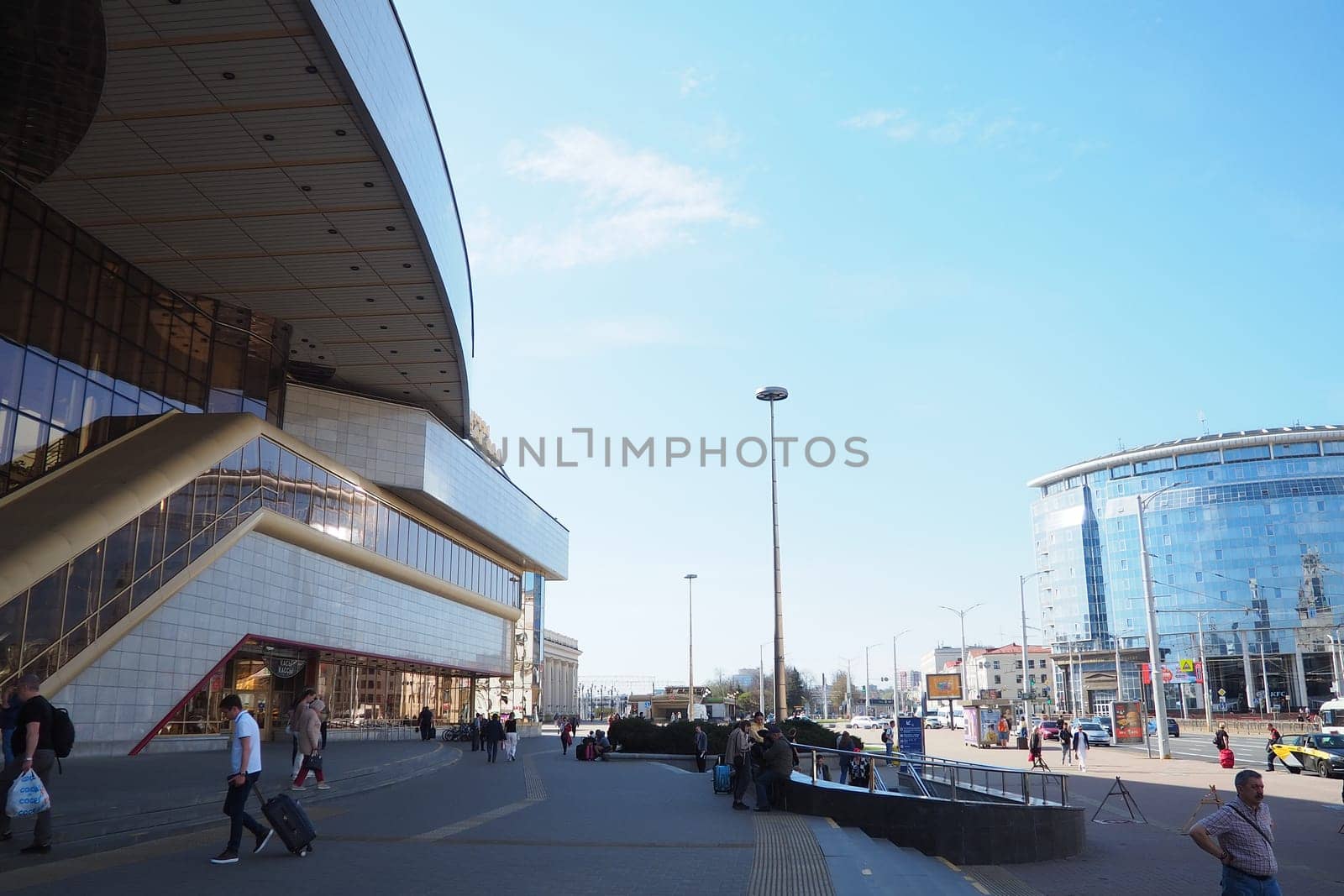 Minsk, Belarus, April 10, 2024: Minsk-Passenger is a passenger railway station of the Minsk branch of the Belarusian Railway. Main railway terminal, Station Square. Modern building.