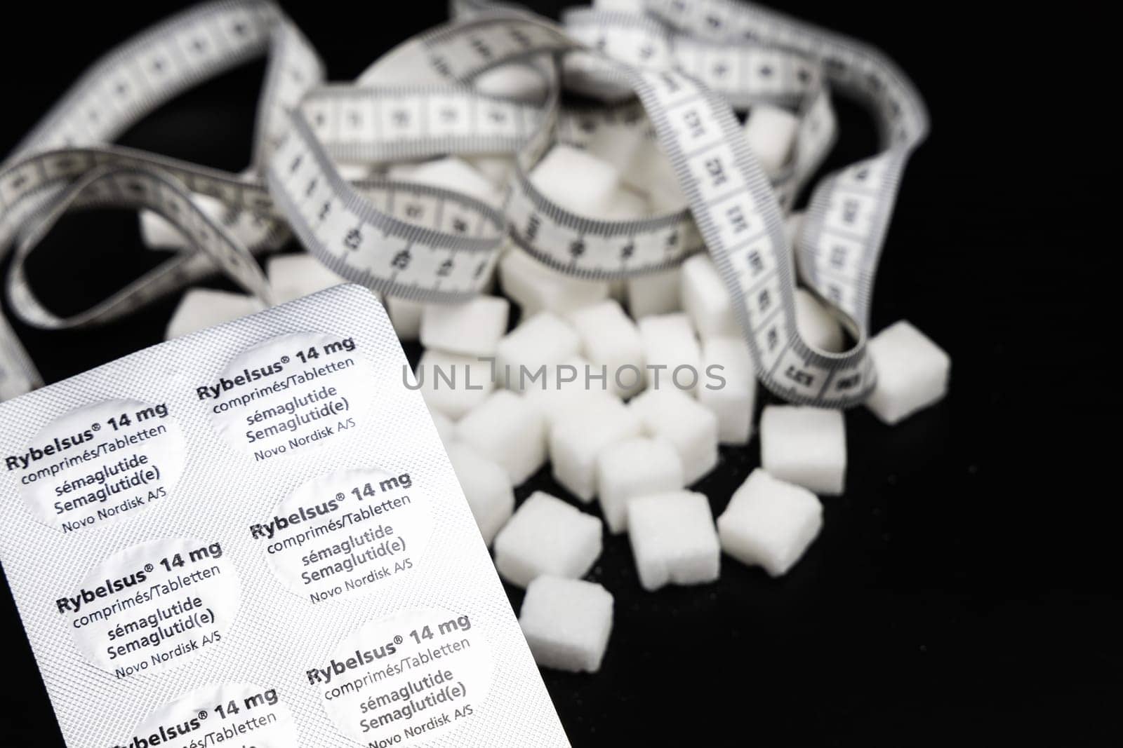 Rybelsus drug on a dark background for diabetics and weight loss. Copenhagen, Denmark - January 31, 2025