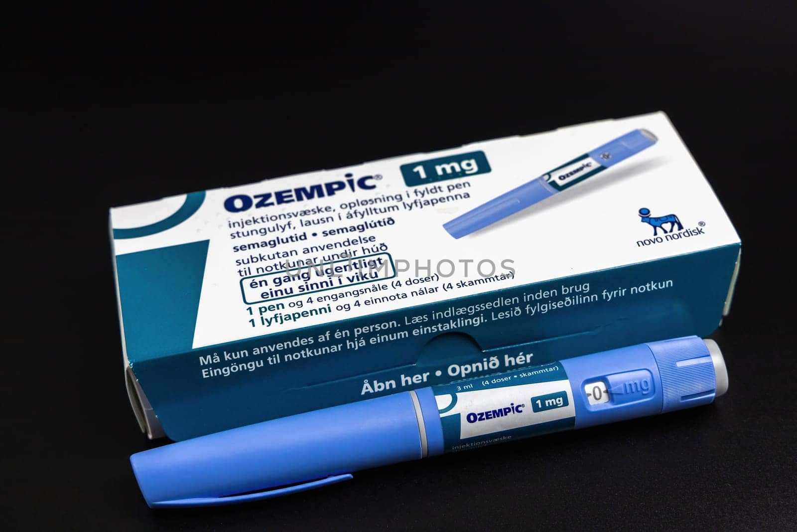 Ozempic Insulin injection pen on a dark background for diabetics and weight loss. Copenhagen, Denmark - January 31, 2025