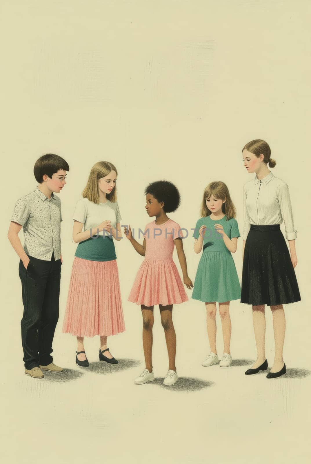 Five children of diverse ethnicities stand in a row, possibly discussing something. Their clothing suggests a casual setting, perhaps a schoolyard or playground.