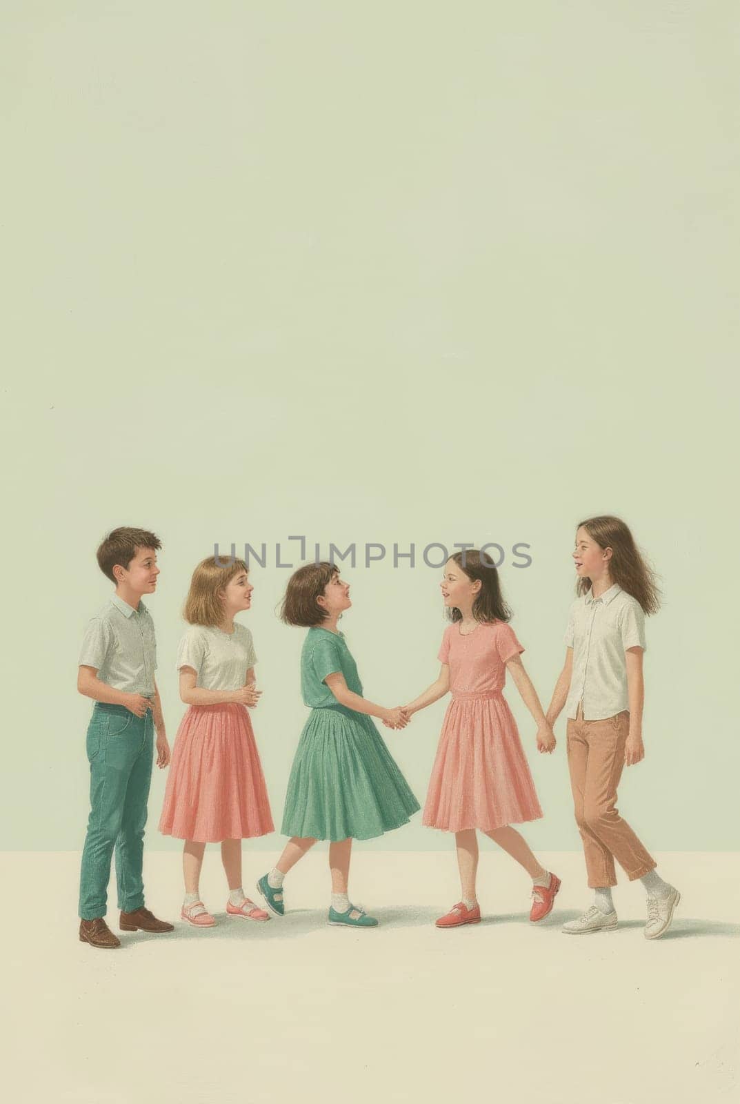A pastel-toned illustration depicts five children, two boys and three girls, standing together in a line against a muted green backdrop. They are dressed in light-colored attire and seem to be interacting.