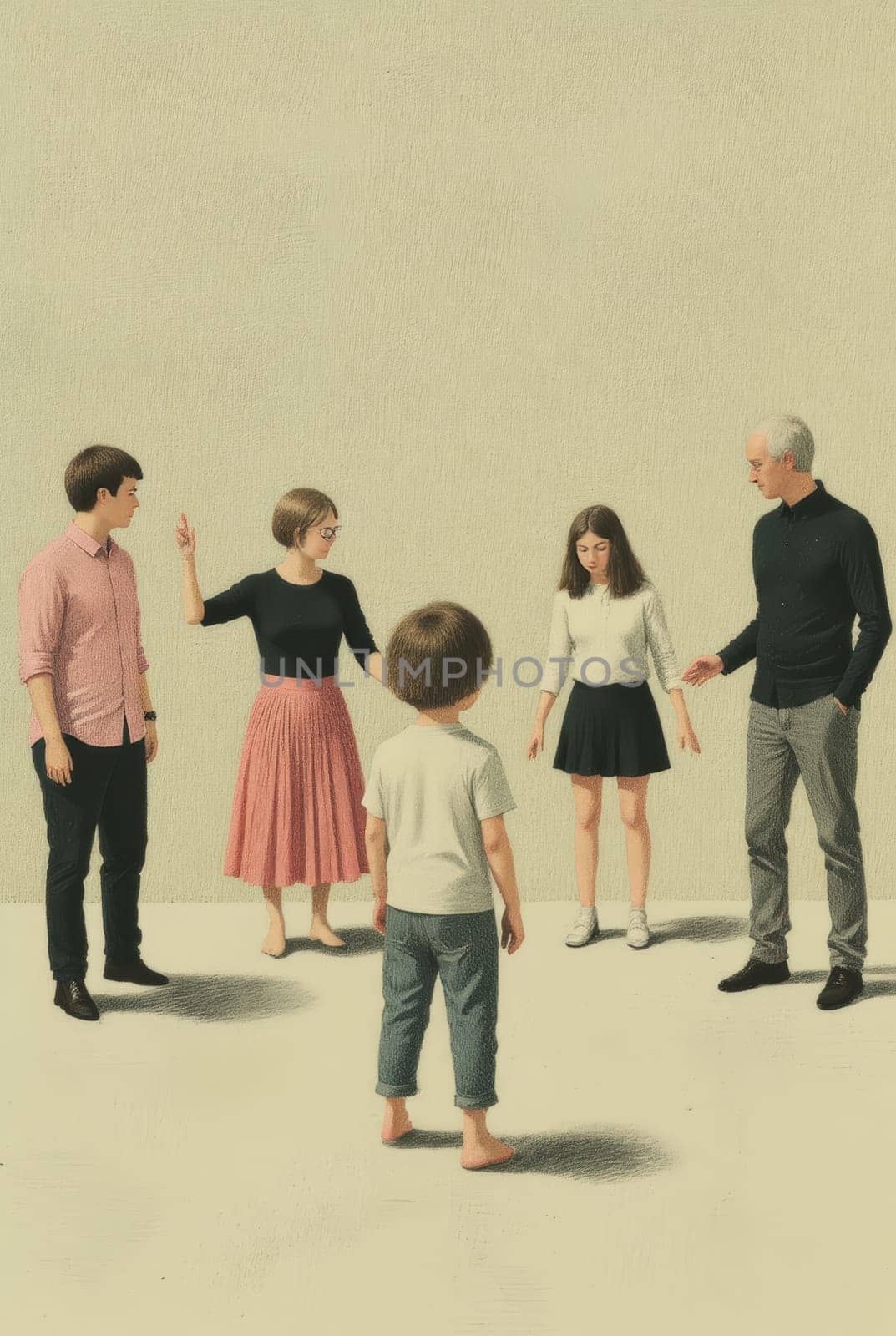 A family of five stands in a circle, their body language suggesting a tense or emotional moment. The child at the center appears to be observing the adults.
