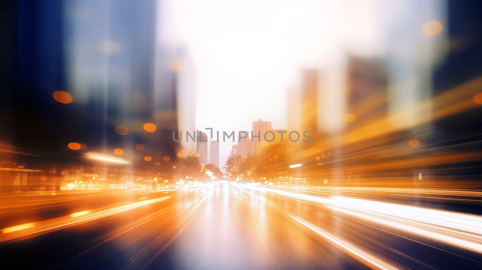 Bright streaks of light illuminate the city streets at dusk, capturing the energy of traffic and the vibrancy of urban life as day turns to night - Generative A - Generative AI