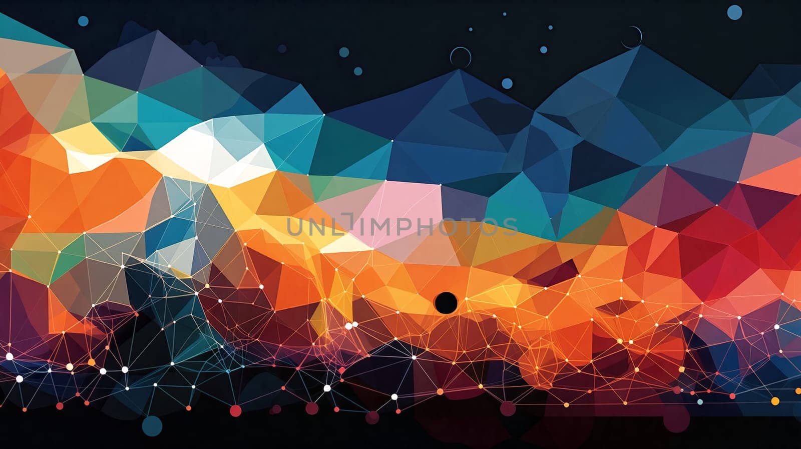 An abstract depiction of a dynamic landscape filled with geometric shapes and vibrant colors, blending in a mesmerizing night ambiance - Generative AI