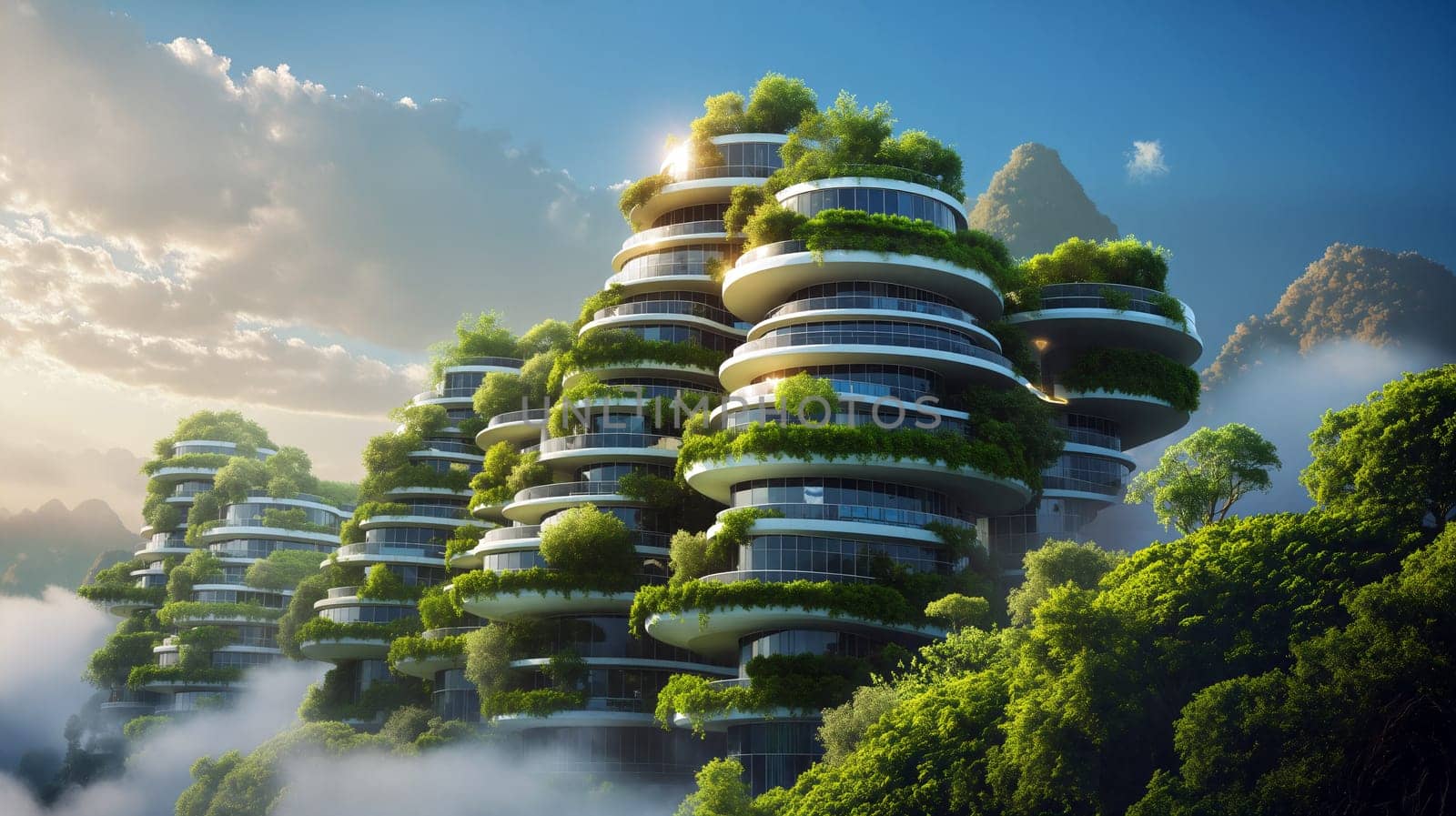 Futuristic buildings harmoniously integrate with nature, featuring terraces adorned with vibrant greenery against a stunning mountainous backdrop - Generative AI