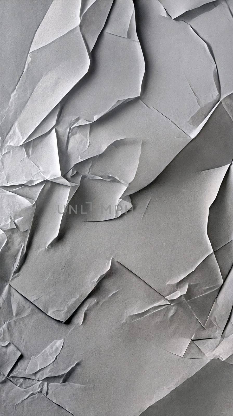 Wrinkled gray paper displayed with intricate folds and creases, providing a unique textured surface ideal for creative projects or artistic designs - Generative AI