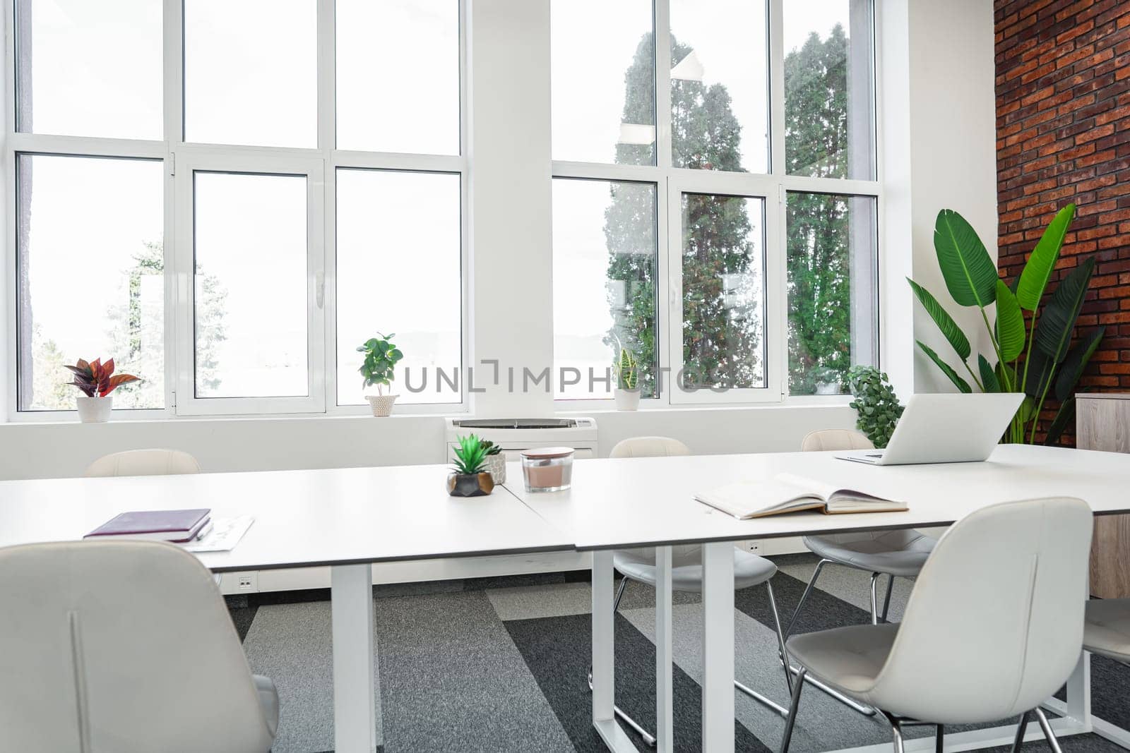 A room featuring a wooden table surrounded by chairs, with a potted plant placed on top of the table. The chairs are positioned neatly around the table, and the potted plant adds a touch of greenery to the space.