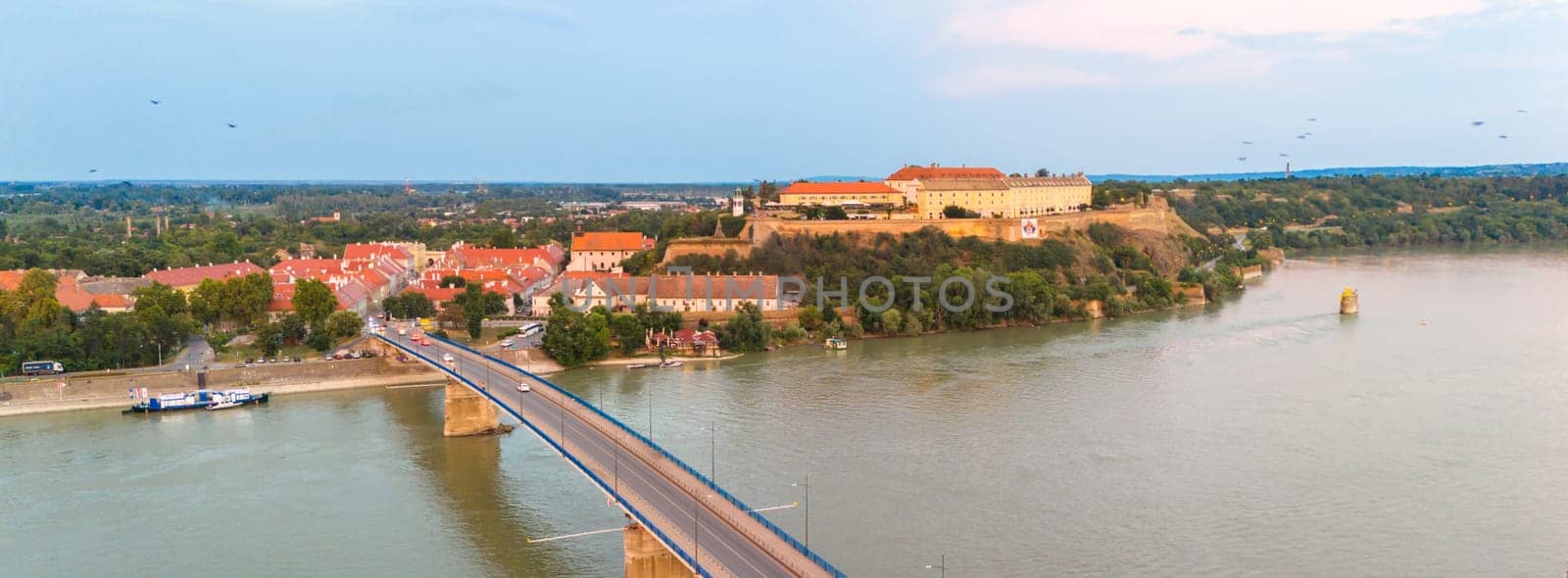 Aerial view of Petrovaradin fortress and Danube river bridge in Novi Sad Serbia