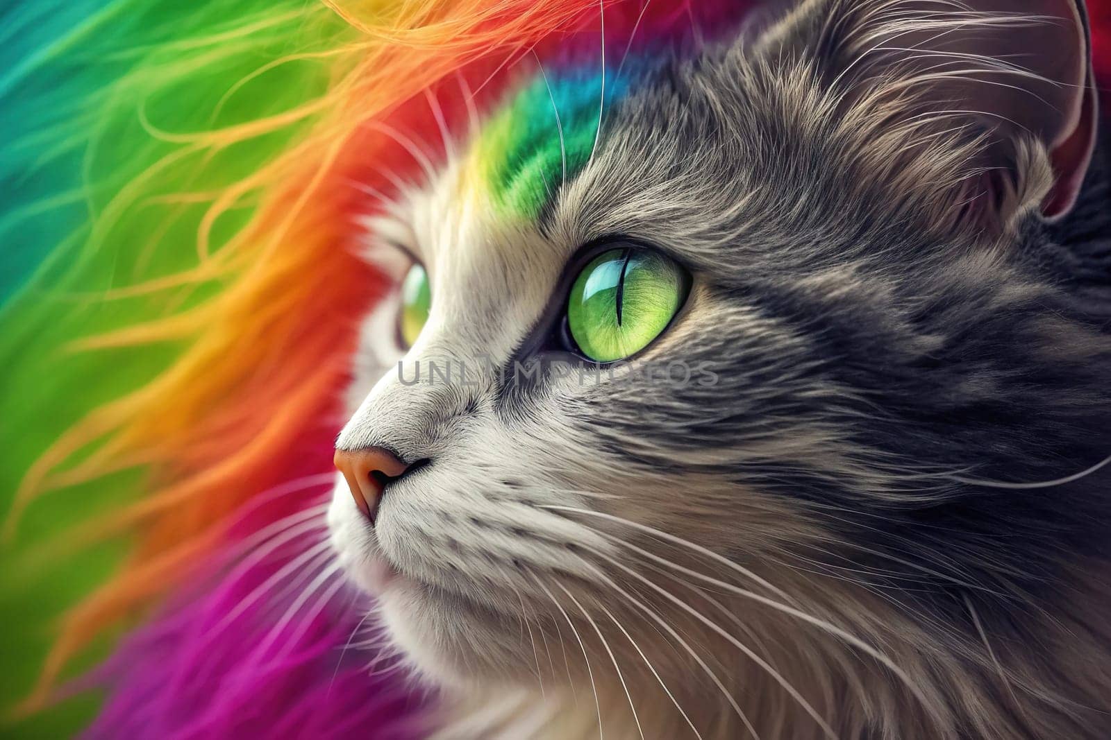 Close-up of a Tabby Cat with Vibrant Green Eyes Against a Colorful Rainbow Fur Background.A high-resolution close-up of a tabby cat with striking green eyes, gazing into the distance. The background features a vivid, multicolored fur texture in a rainbow gradient, creating a surreal and artistic effect. The cat's detailed whiskers, soft fur, and intense gaze make this image perfect for creative and conceptual uses in design, advertising, and social media.