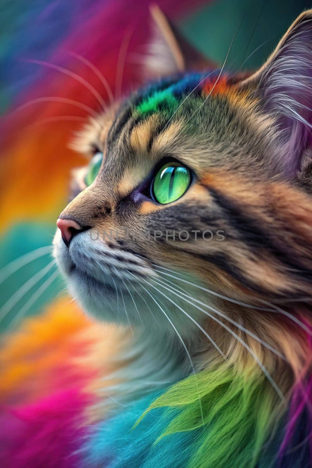 Close-up of a Tabby Cat with Vibrant Green Eyes Against a Colorful Rainbow Fur Background.A high-resolution close-up of a tabby cat with striking green eyes, gazing into the distance. The background features a vivid, multicolored fur texture in a rainbow gradient, creating a surreal and artistic effect. The cat's detailed whiskers, soft fur, and intense gaze make this image perfect for creative and conceptual uses in design, advertising, and social media.