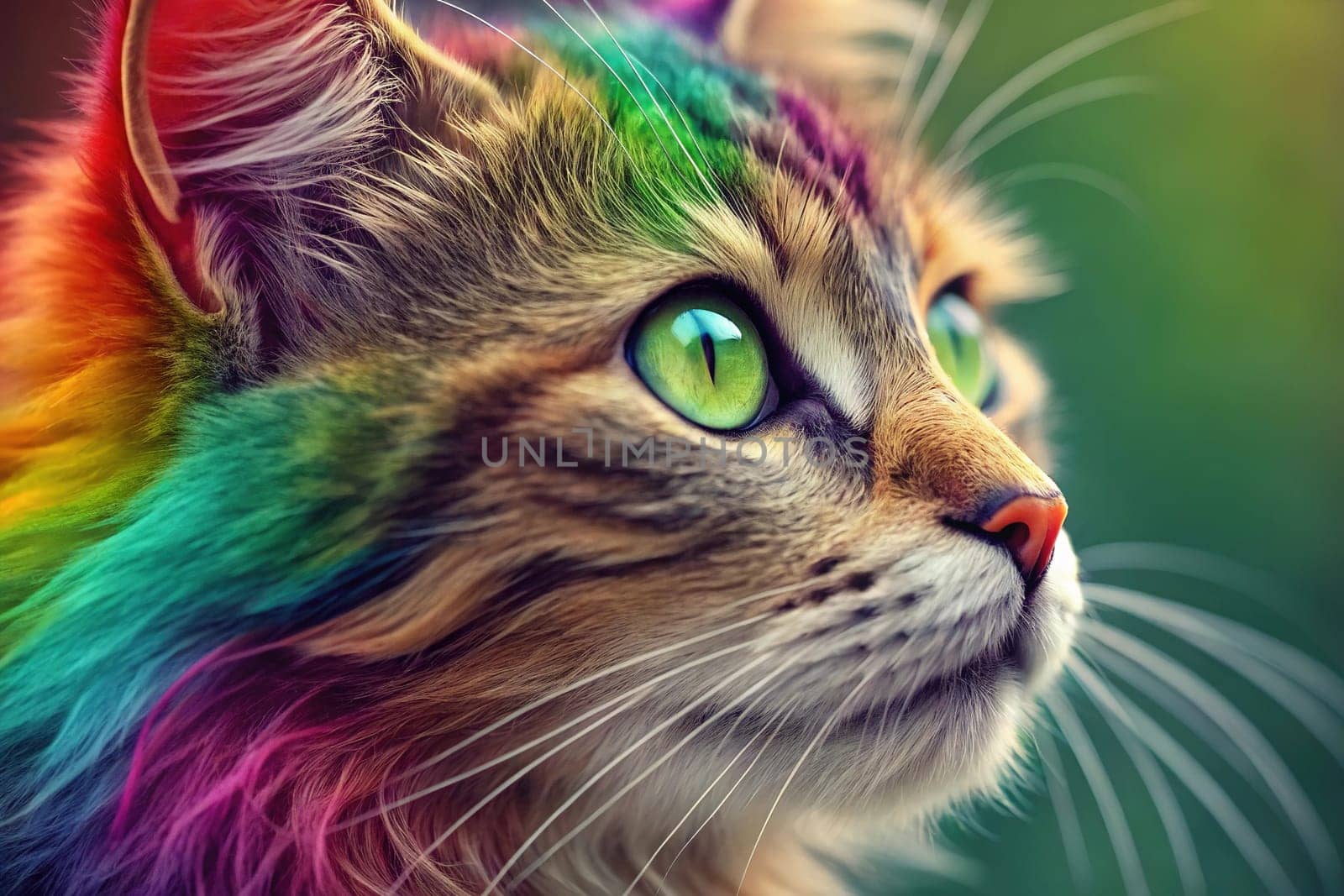 Close-up of a Tabby Cat with Vibrant Green Eyes Against a Colorful Rainbow Fur Background.A high-resolution close-up of a tabby cat with striking green eyes, gazing into the distance. The background features a vivid, multicolored fur texture in a rainbow gradient, creating a surreal and artistic effect. The cat's detailed whiskers, soft fur, and intense gaze make this image perfect for creative and conceptual uses in design, advertising, and social media.