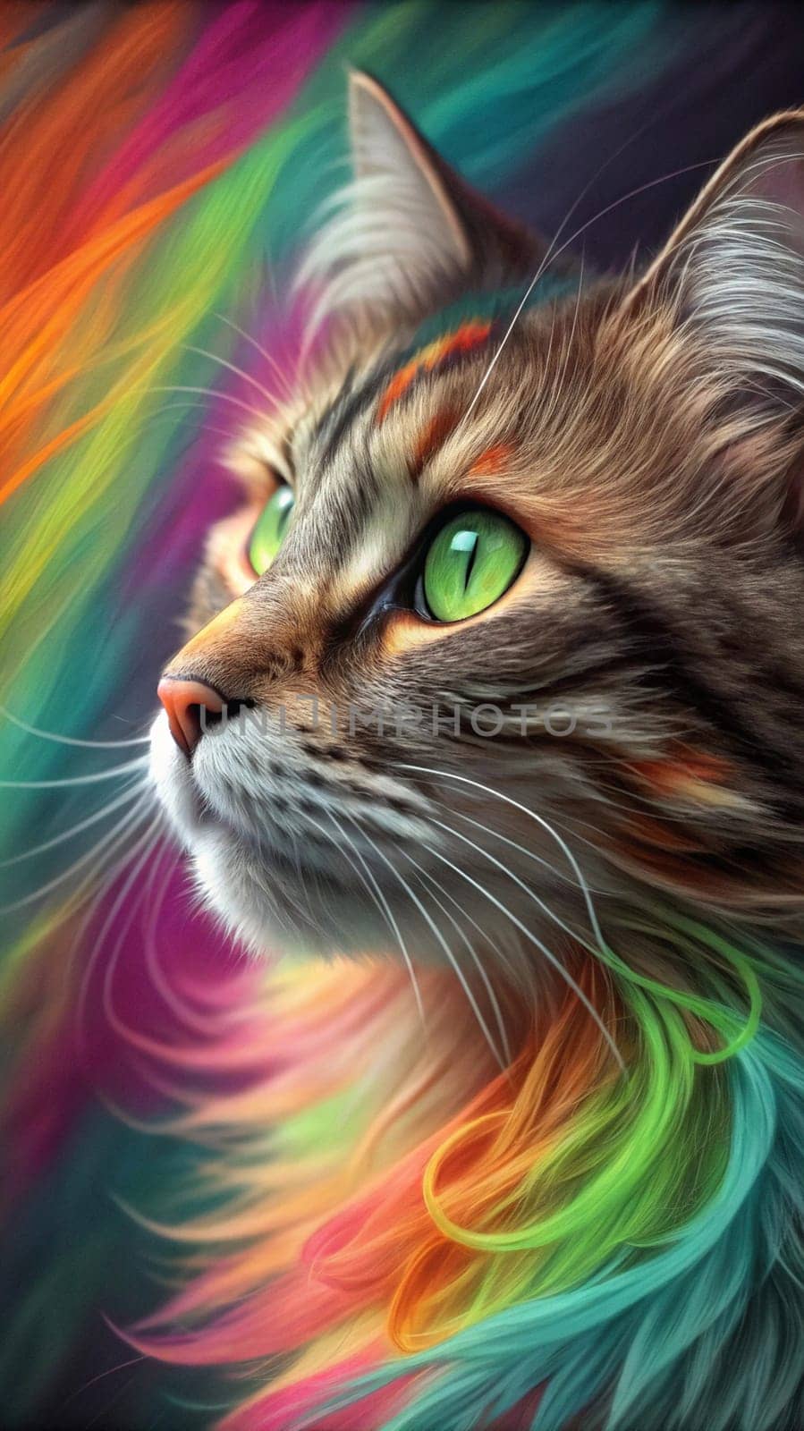 Close-up of a Tabby Cat with Vibrant Green Eyes Against a Colorful Rainbow Fur Background.A high-resolution close-up of a tabby cat with striking green eyes, gazing into the distance. The background features a vivid, multicolored fur texture in a rainbow gradient, creating a surreal and artistic effect. The cat's detailed whiskers, soft fur, and intense gaze make this image perfect for creative and conceptual uses in design, advertising, and social media.