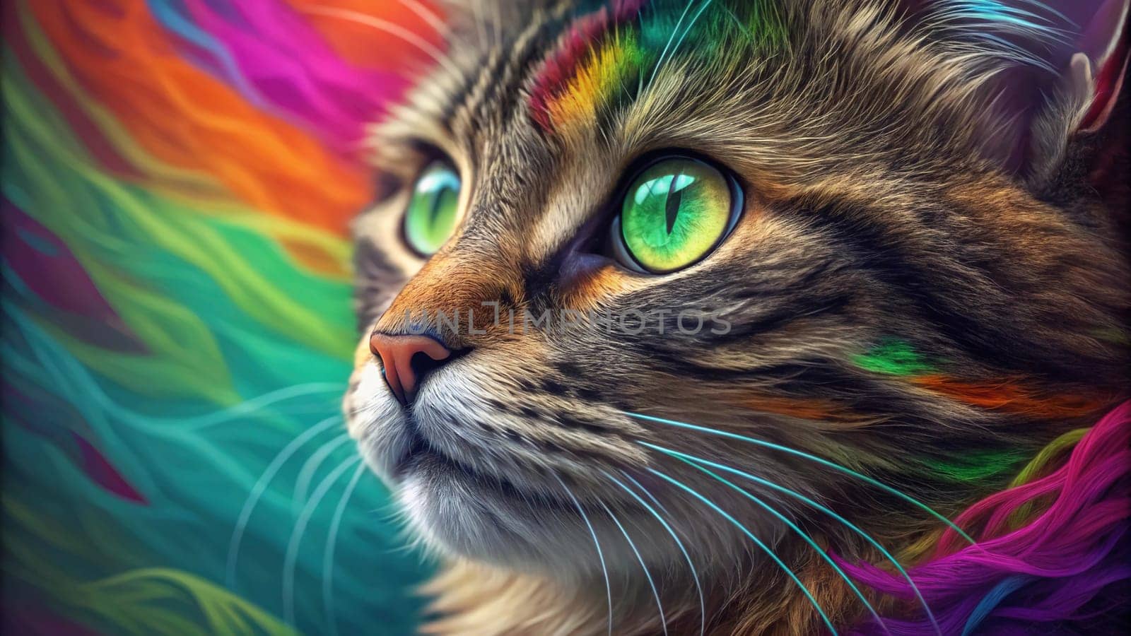 Close-up of a Tabby Cat with Vibrant Green Eyes Against a Colorful Rainbow Fur Background.A high-resolution close-up of a tabby cat with striking green eyes, gazing into the distance. The background features a vivid, multicolored fur texture in a rainbow gradient, creating a surreal and artistic effect. The cat's detailed whiskers, soft fur, and intense gaze make this image perfect for creative and conceptual uses in design, advertising, and social media.