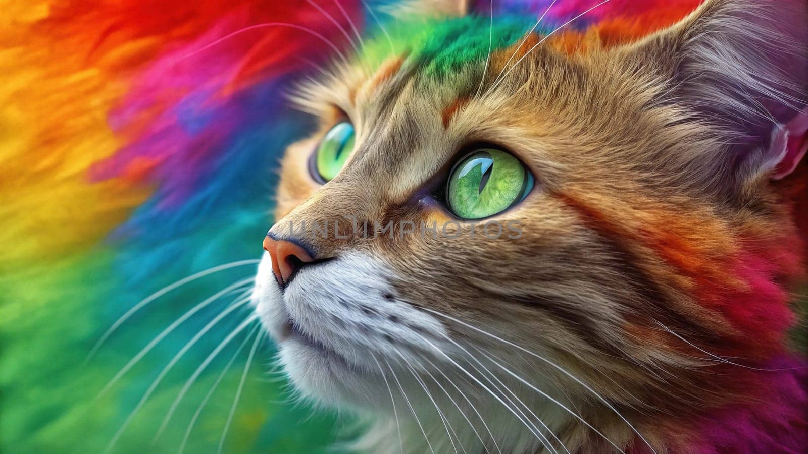 Close-up of a Tabby Cat with Vibrant Green Eyes Against a Colorful Rainbow Fur Background.A high-resolution close-up of a tabby cat with striking green eyes, gazing into the distance. The background features a vivid, multicolored fur texture in a rainbow gradient, creating a surreal and artistic effect. The cat's detailed whiskers, soft fur, and intense gaze make this image perfect for creative and conceptual uses in design, advertising, and social media.