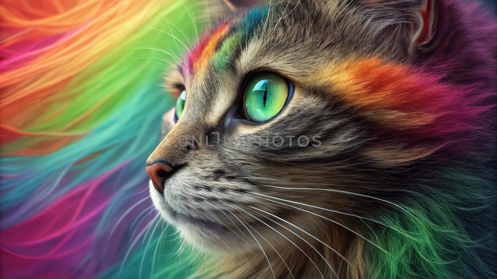 Close-up of a Tabby Cat with Vibrant Green Eyes Against a Colorful Rainbow Fur Background.A high-resolution close-up of a tabby cat with striking green eyes, gazing into the distance. The background features a vivid, multicolored fur texture in a rainbow gradient, creating a surreal and artistic effect. The cat's detailed whiskers, soft fur, and intense gaze make this image perfect for creative and conceptual uses in design, advertising, and social media.