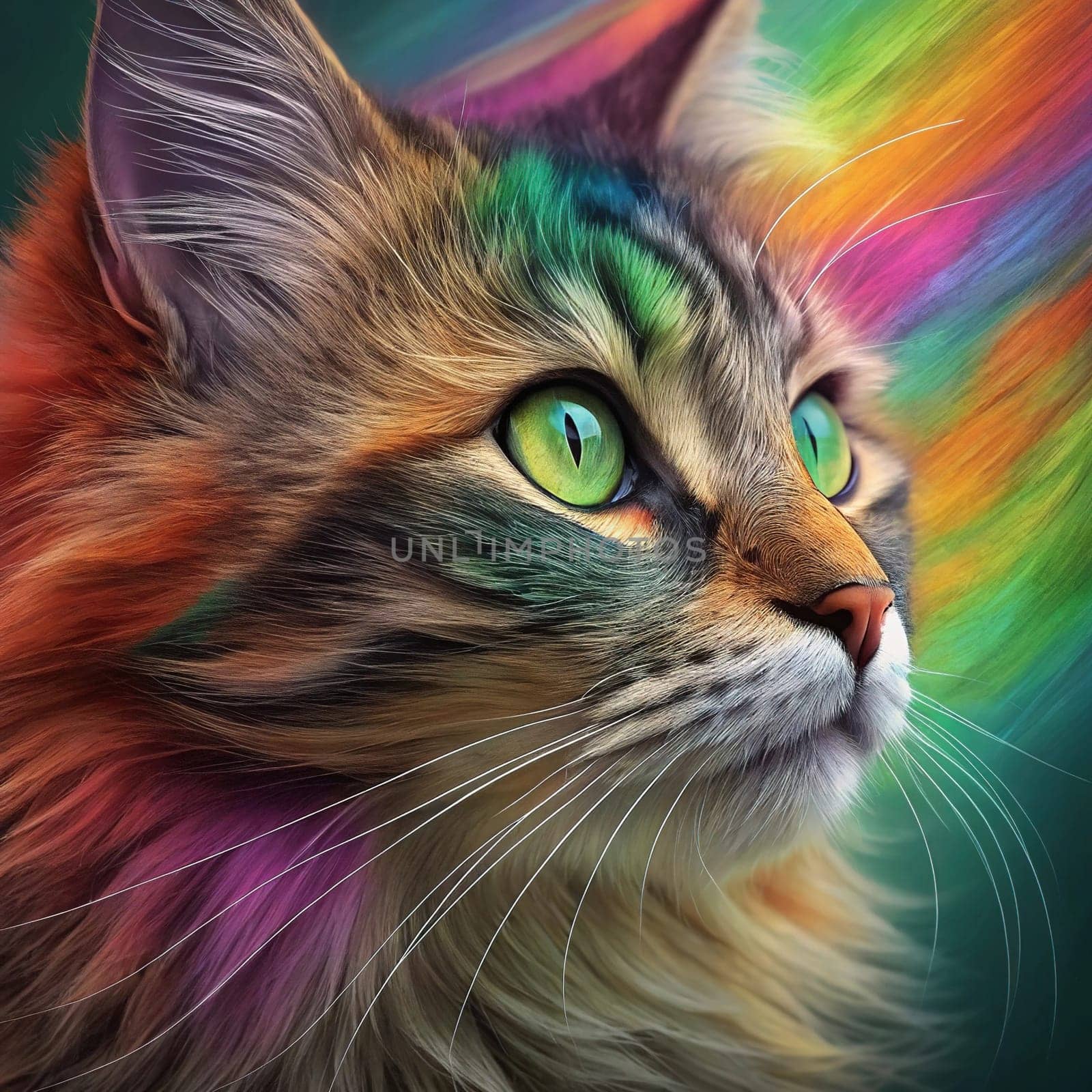 Close-up of a Tabby Cat with Vibrant Green Eyes Against a Colorful Rainbow Fur Background.A high-resolution close-up of a tabby cat with striking green eyes, gazing into the distance. The background features a vivid, multicolored fur texture in a rainbow gradient, creating a surreal and artistic effect. The cat's detailed whiskers, soft fur, and intense gaze make this image perfect for creative and conceptual uses in design, advertising, and social media.