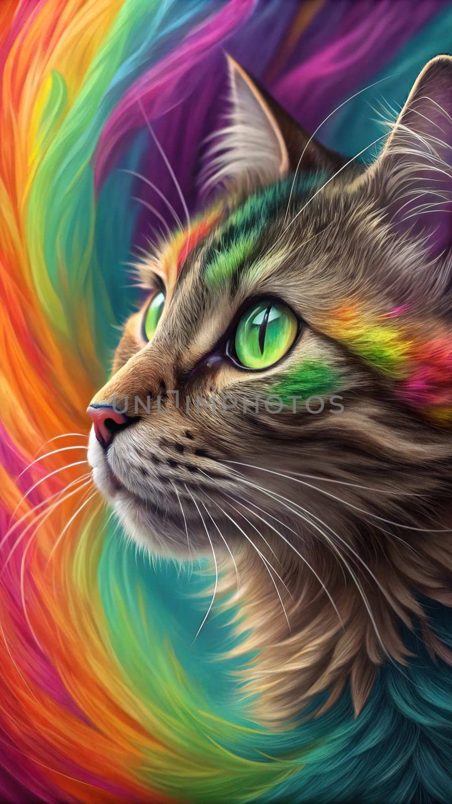 Close-up of a Tabby Cat with Vibrant Green Eyes Against a Colorful Rainbow Fur Background.A high-resolution close-up of a tabby cat with striking green eyes, gazing into the distance. The background features a vivid, multicolored fur texture in a rainbow gradient, creating a surreal and artistic effect. The cat's detailed whiskers, soft fur, and intense gaze make this image perfect for creative and conceptual uses in design, advertising, and social media.