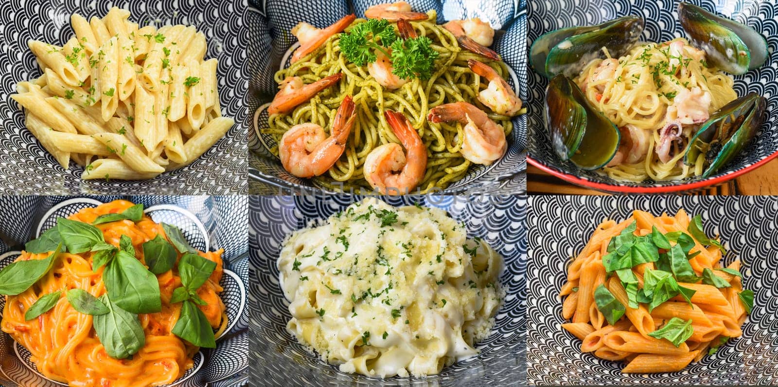 Collage or set with six types of pasta