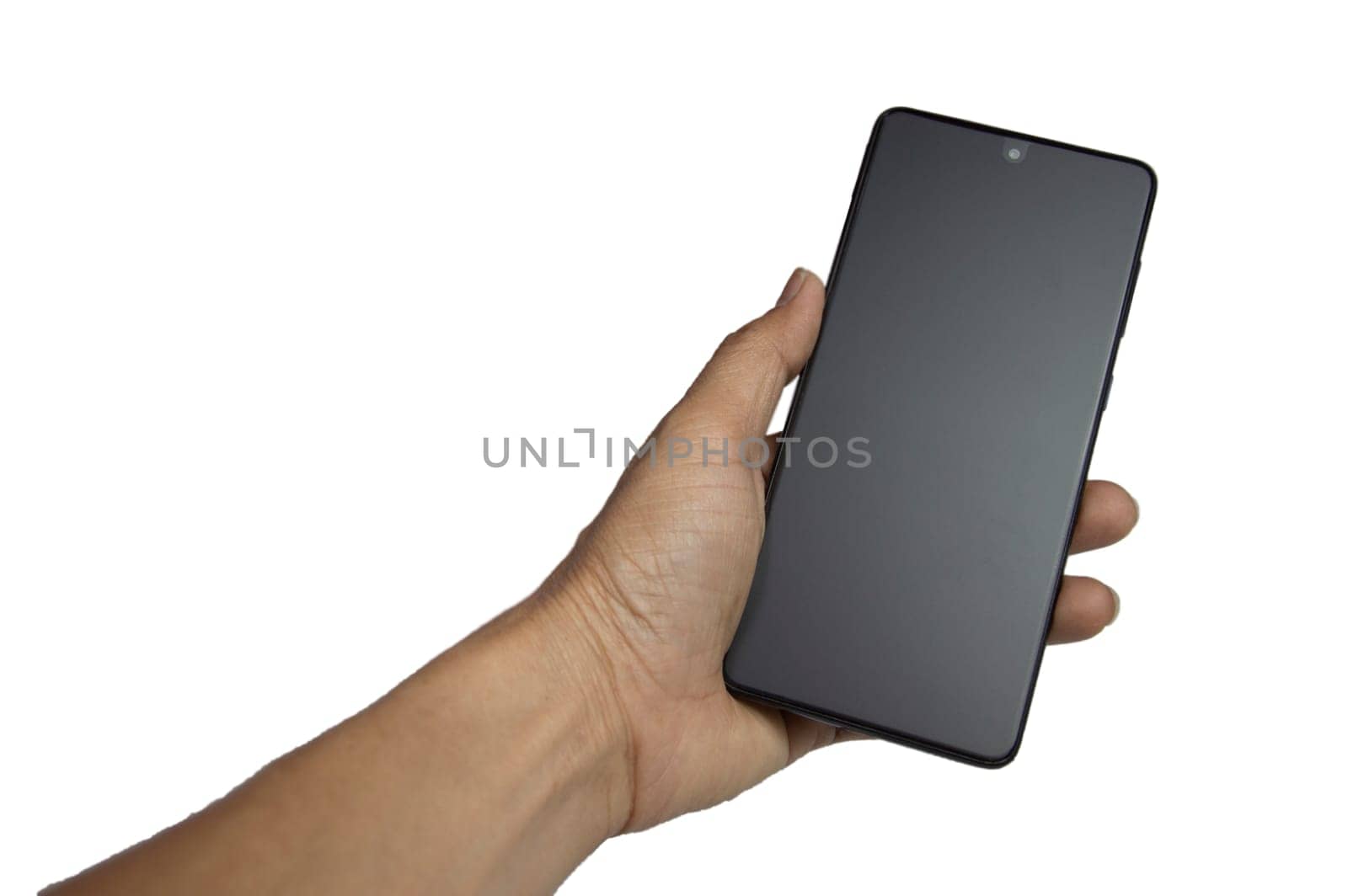 hand holding a black smartphone on white background,with clipping path
