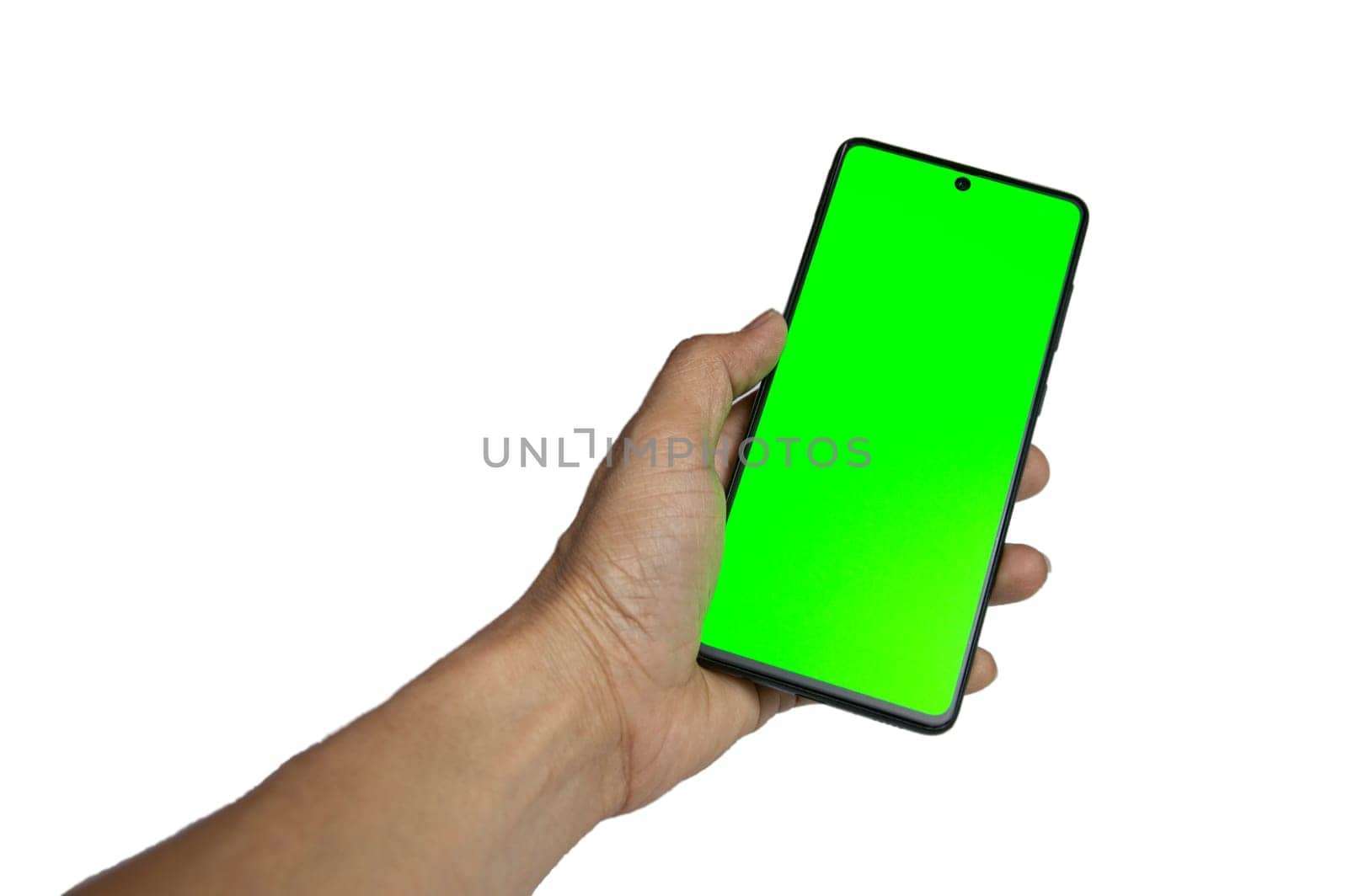 Hand holding a green screen black smartphone on white background,with clipping path