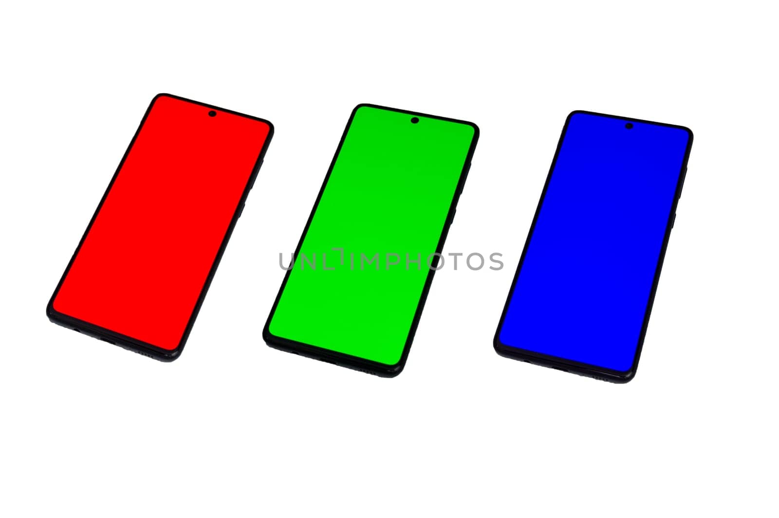 smartphone with screen blue, red, green, with clipping path