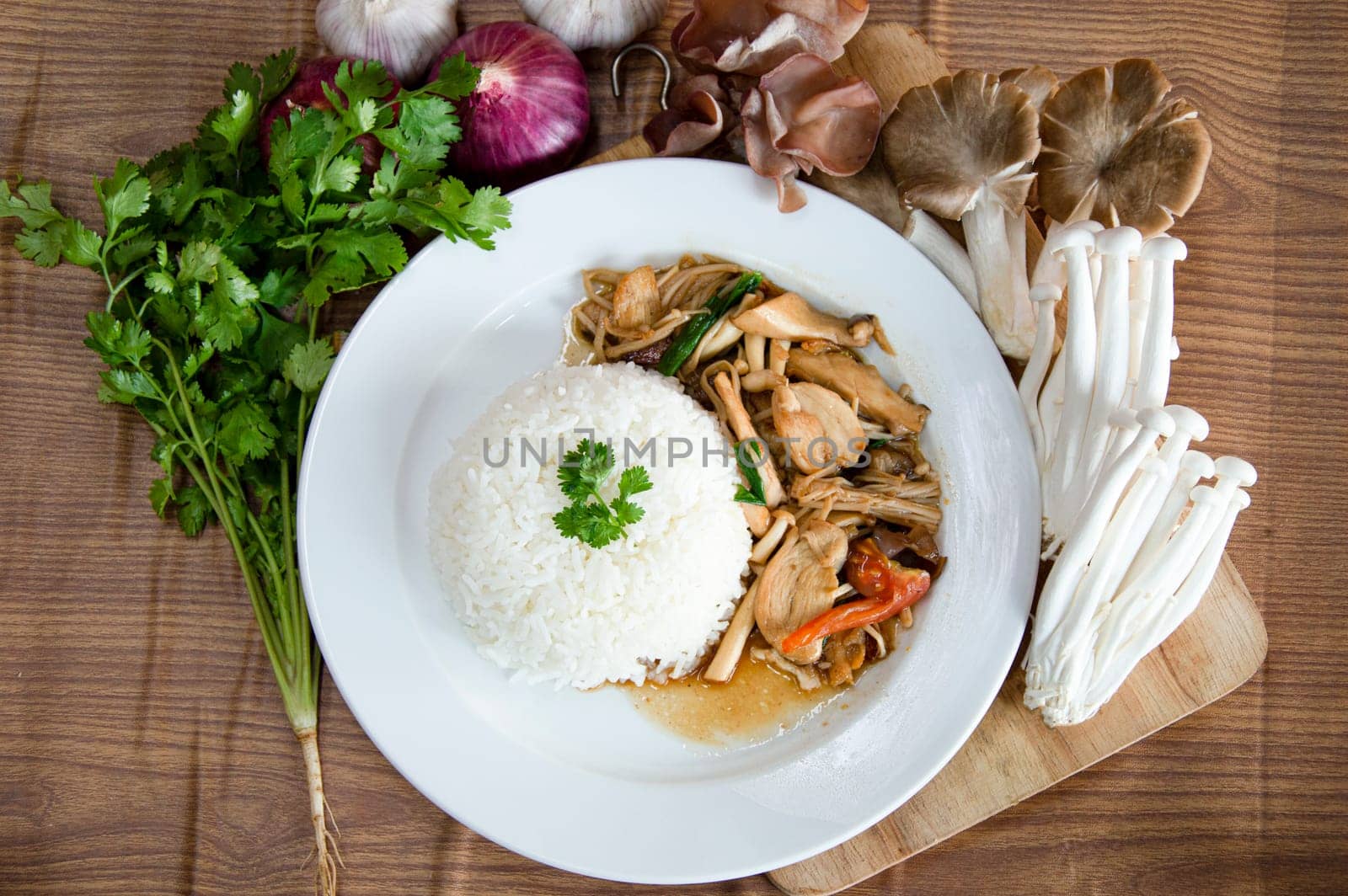 Chicken and mushroom fried rice, Thai food, Thai street food by boonruen