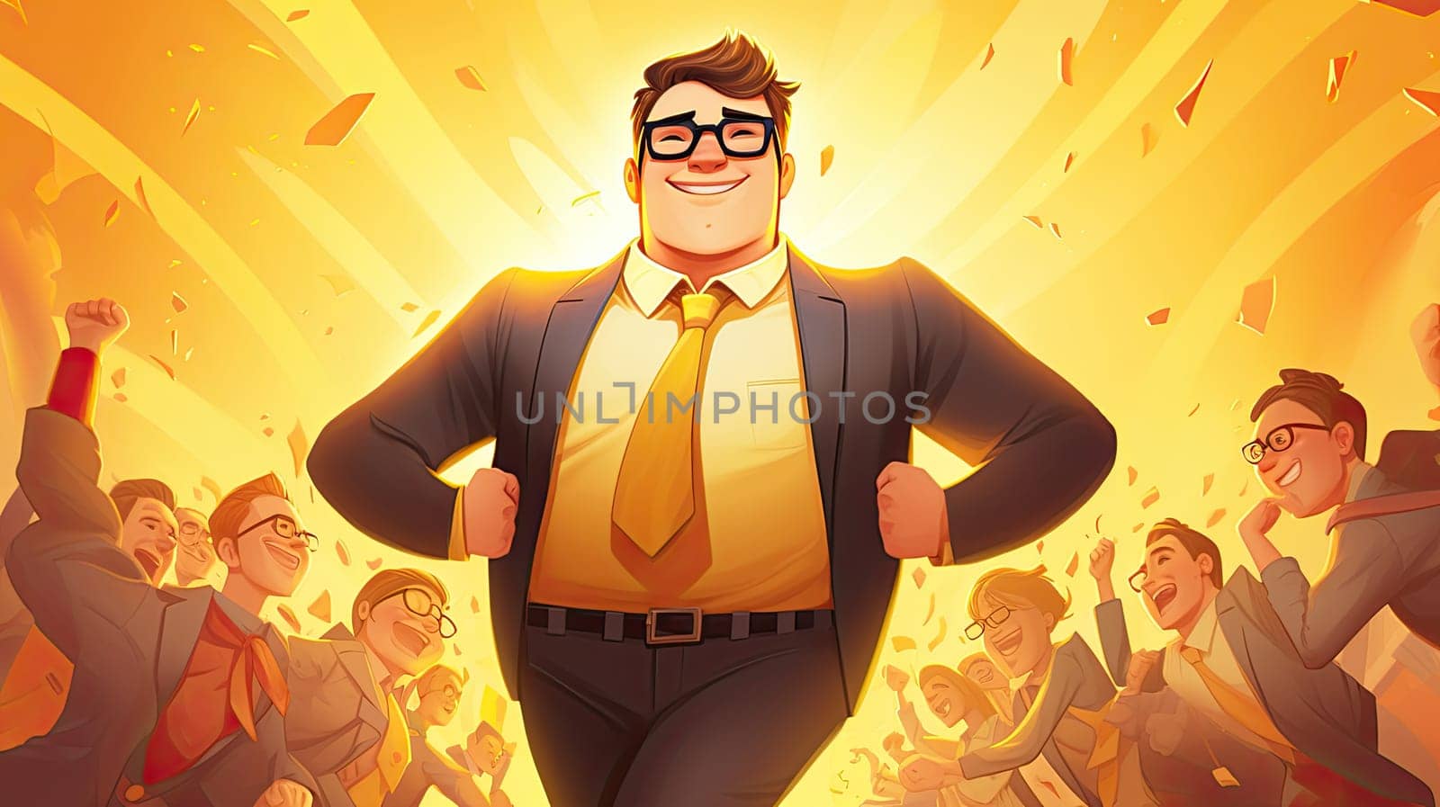 Trailblazing manager cartoon illustration - Generative AI. Success, businessman, glasses, employee.