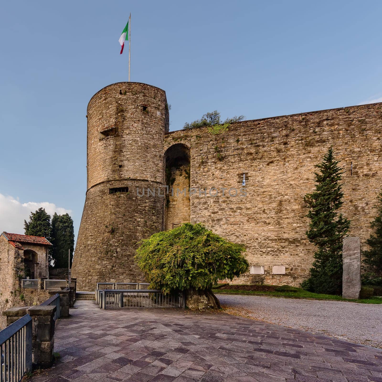 The castle La Rocca of Bergamo is located in the upper part of the city on the hill of St. Euphemia, which dominates the south, the lower town and the surrounding plains and north view crown Orobie.