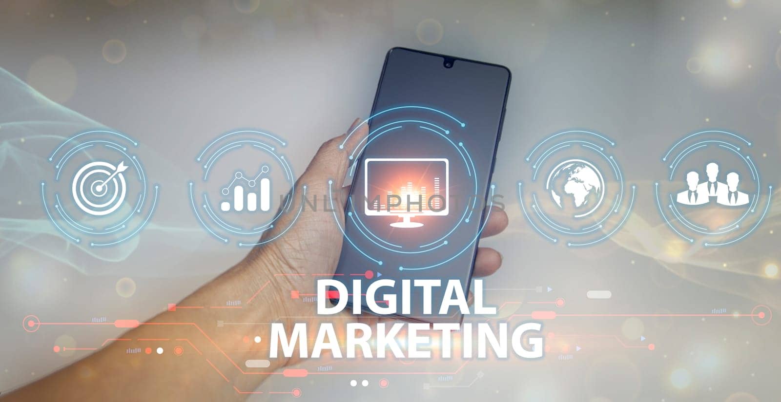 Hand holding a smartphone showing signs and icons of digital marketing Internet Advertising and Increased Sales business technology concept online marketing electronic business online business by boonruen