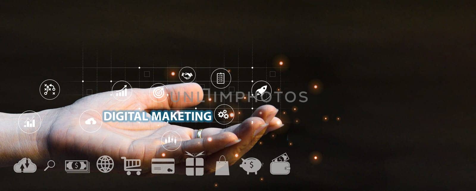 Hand showing signs and icons of digital marketing, internet advertising and business technology concept, online marketing, e-commerce online.