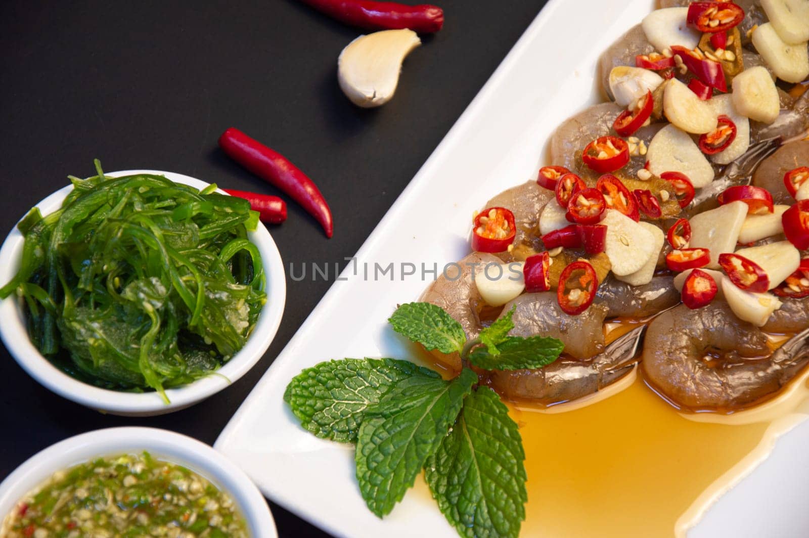 Pickled Shrimp with Korean Sauce, Seafood Dipping Sauce, Asian Fusion Cuisine