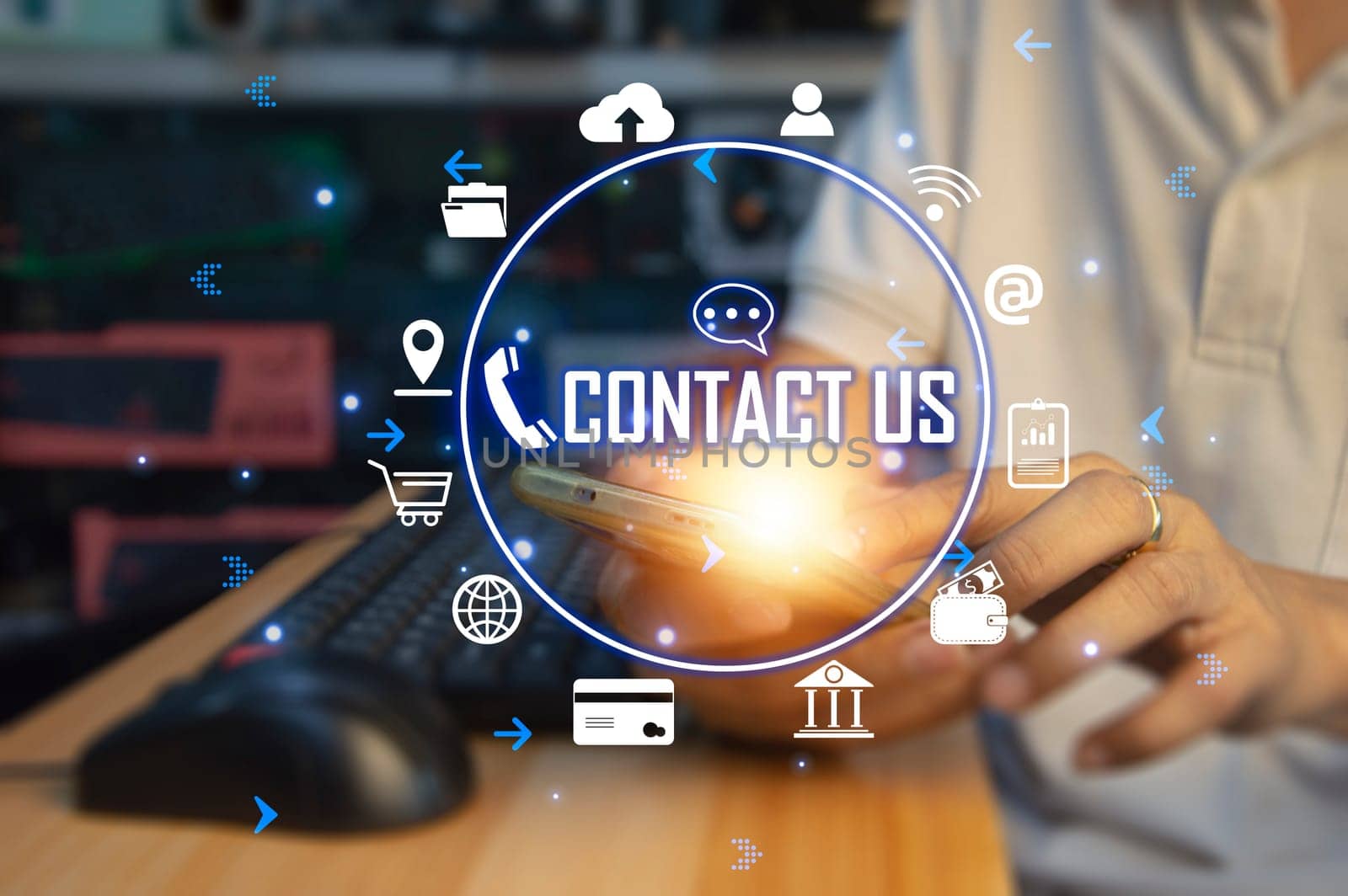 Contact us or our customer support hotline where people connect. and touch the contact icon on the virtual screen