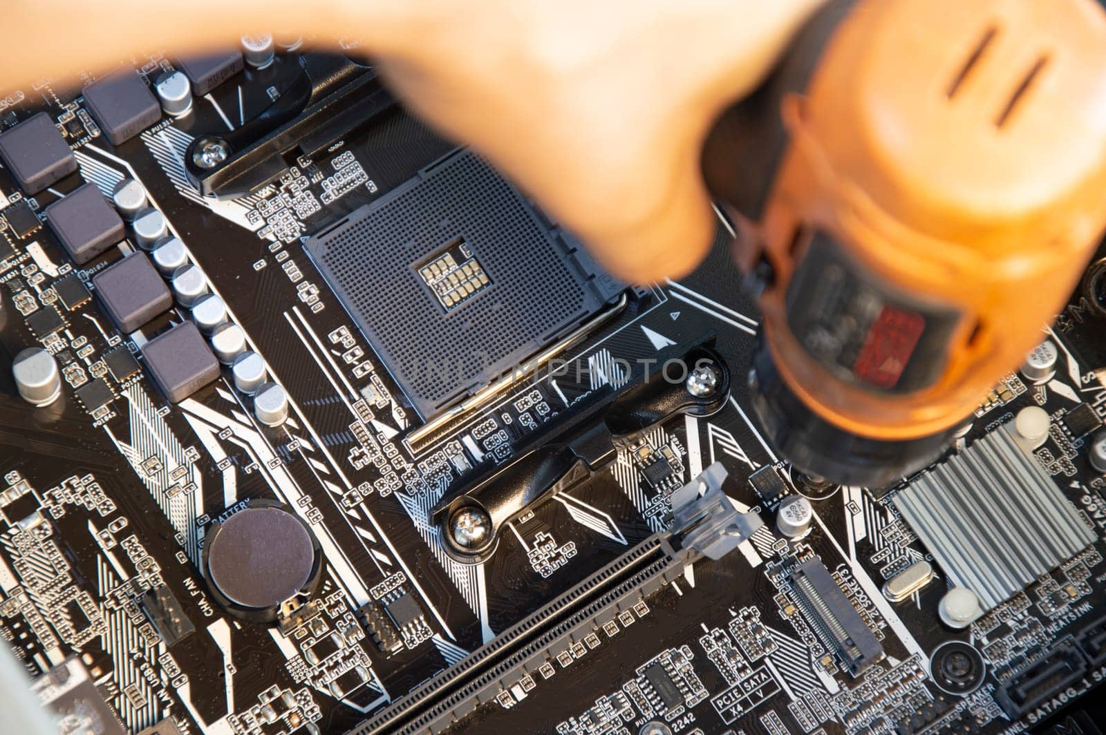 top view of computer motherboard, computer assembler