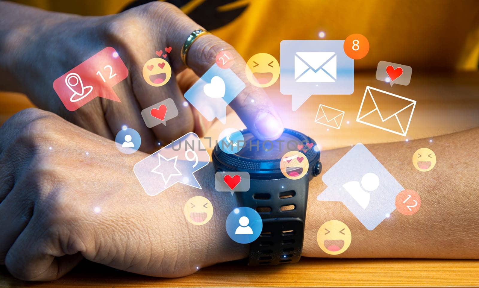 Use of social media and digital smartwatches The concept of living on vacation and playing social media. online marketing Connecting technology networks in global business