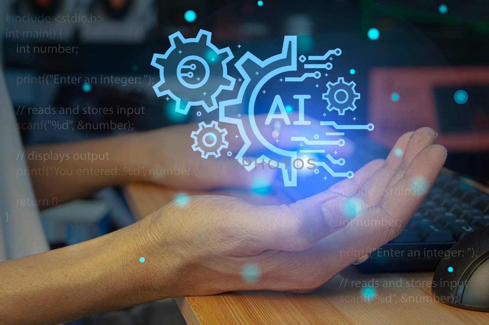 technology ai artificial intelligence A person who uses artificial intelligence AI smart robot technology by inputting commands to create something. future technological changes
