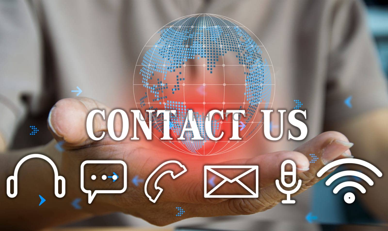 Contact us or our customer support hotline where people connect. and touch the contact icon on the virtual screen	 by boonruen