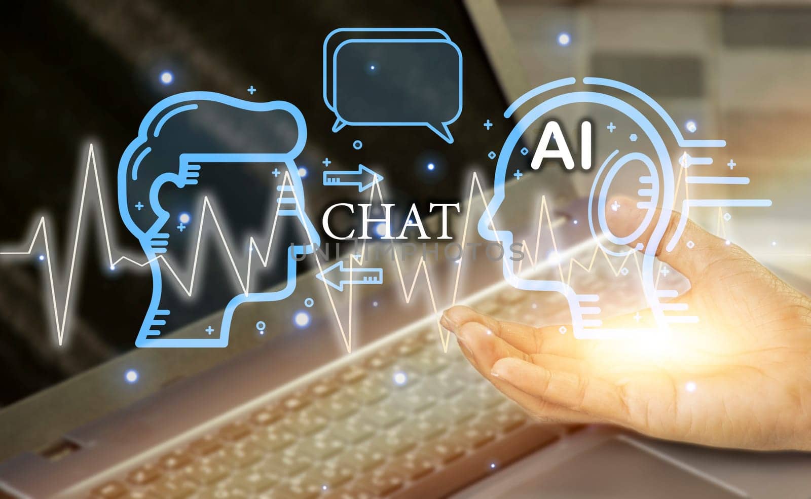 Hand touch Digital chatbot to access data and information in online network. Robot Applications and Global Connectivity AI Artificial Intelligence innovation and technology