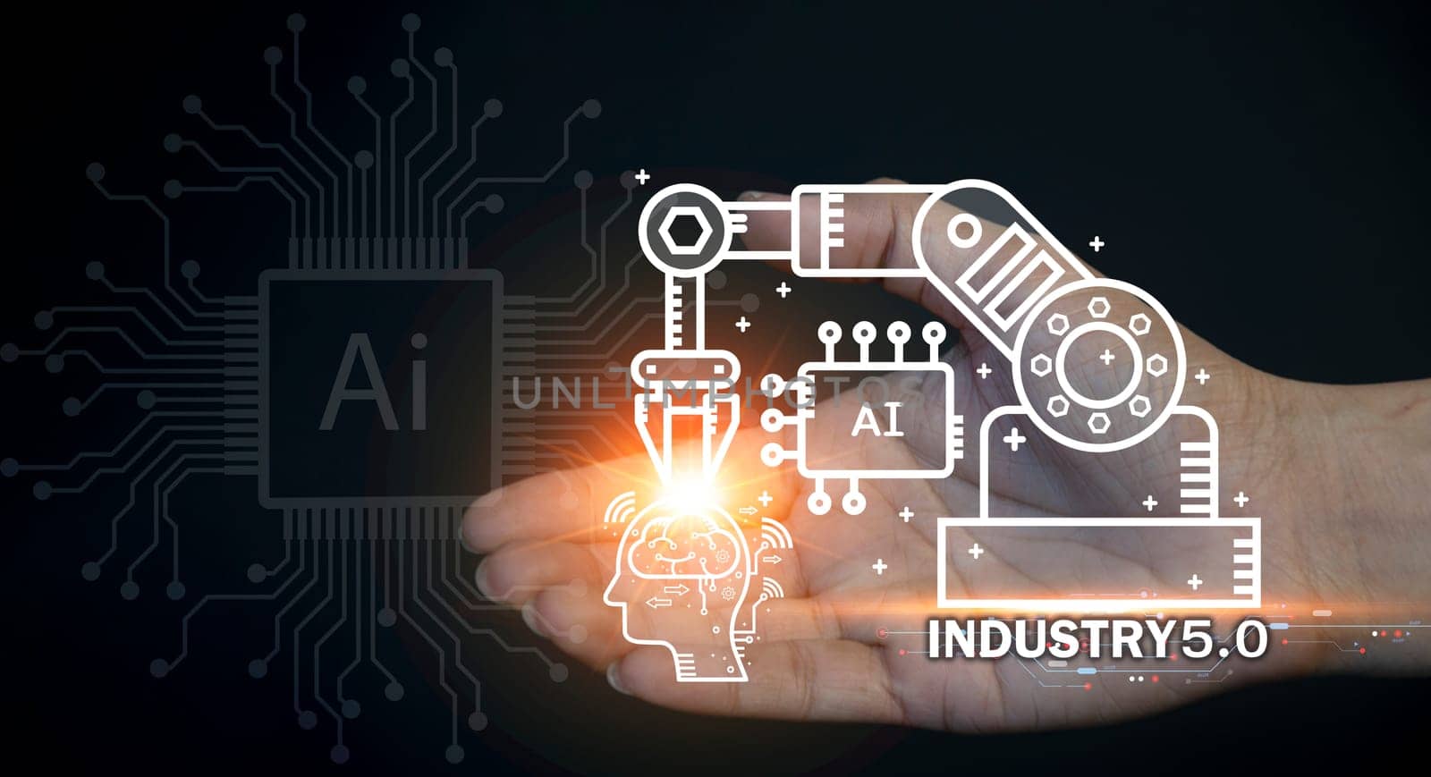 The concept of Industrial Revolution No. 5 is to improve the production process to be more efficient. By working together between humans, intelligent systems and robots.	 by boonruen