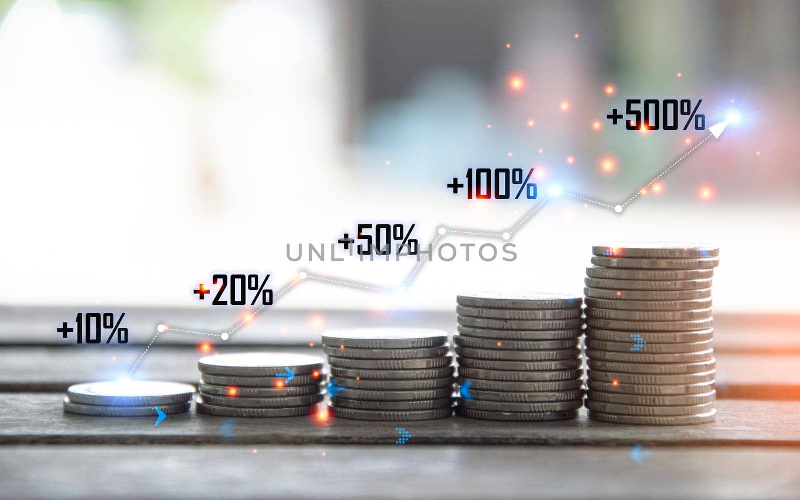 Business finance and investment concept, Capital gain world money economic growth. coin stack financial graph chart, market report on cash currency concept by boonruen