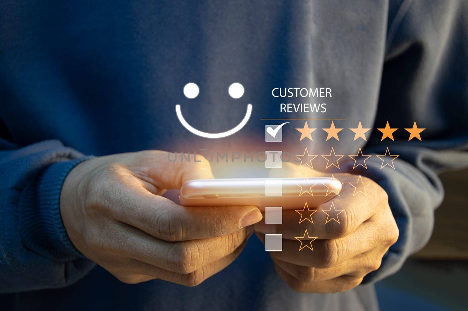 close up Man hand using smartphone with popup five star icon for feedback review satisfaction service, Customer service experience and business satisfaction survey.