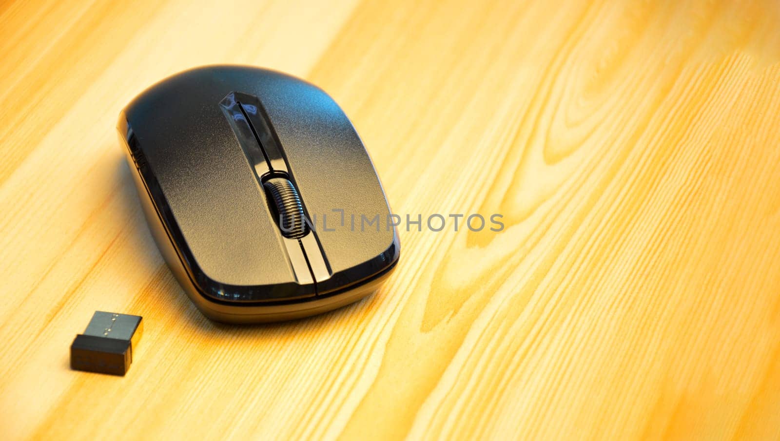 Black wireless mouse placed on wooden floor by boonruen