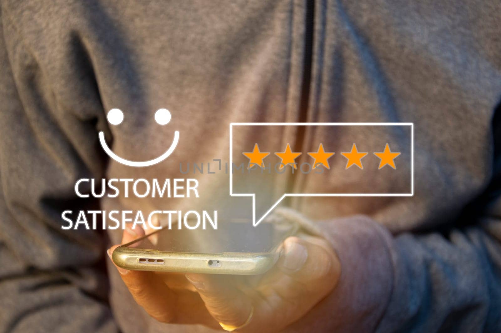 close up Man hand using smartphone with popup five star icon for feedback review satisfaction service, Customer service experience and business satisfaction survey. by boonruen